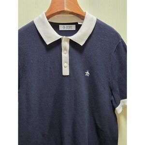 Original Penguin Polo Shirt Mens Large Blue Contrast Collar Cotton Knit Logo